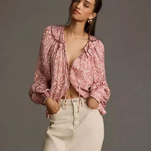 Anthropologie Florence Balducci Femme Collared Long Sleeve Blouse Size S Pink - Picture 2 of 9